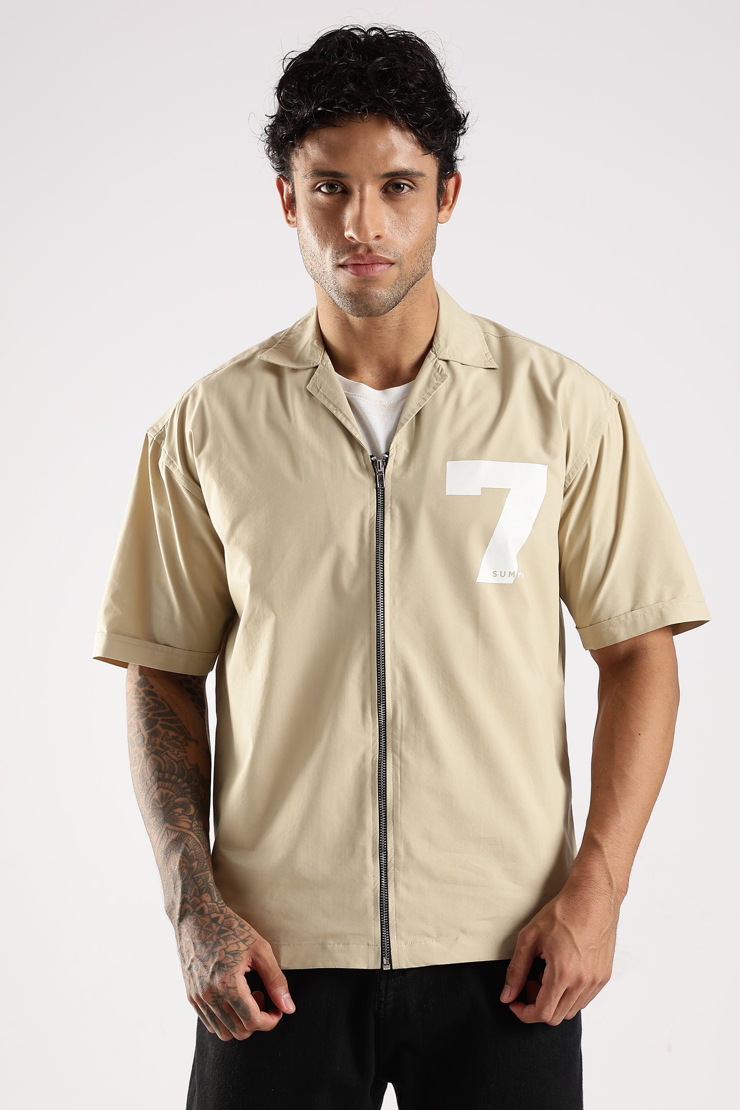Poly Cotton Slim Fit Zip-Up Shirt Cream