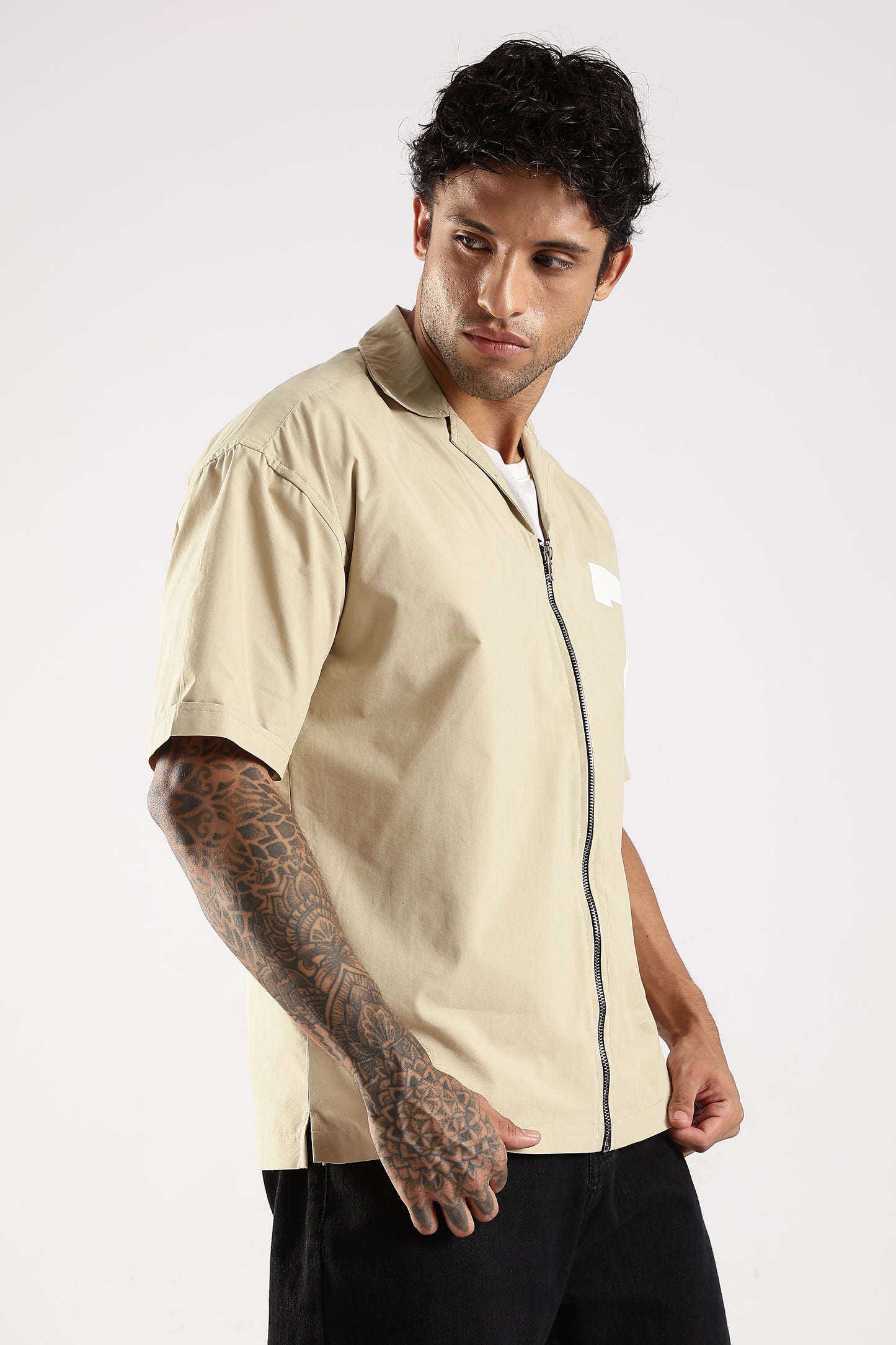 Poly Cotton Slim Fit Zip-Up Shirt Cream