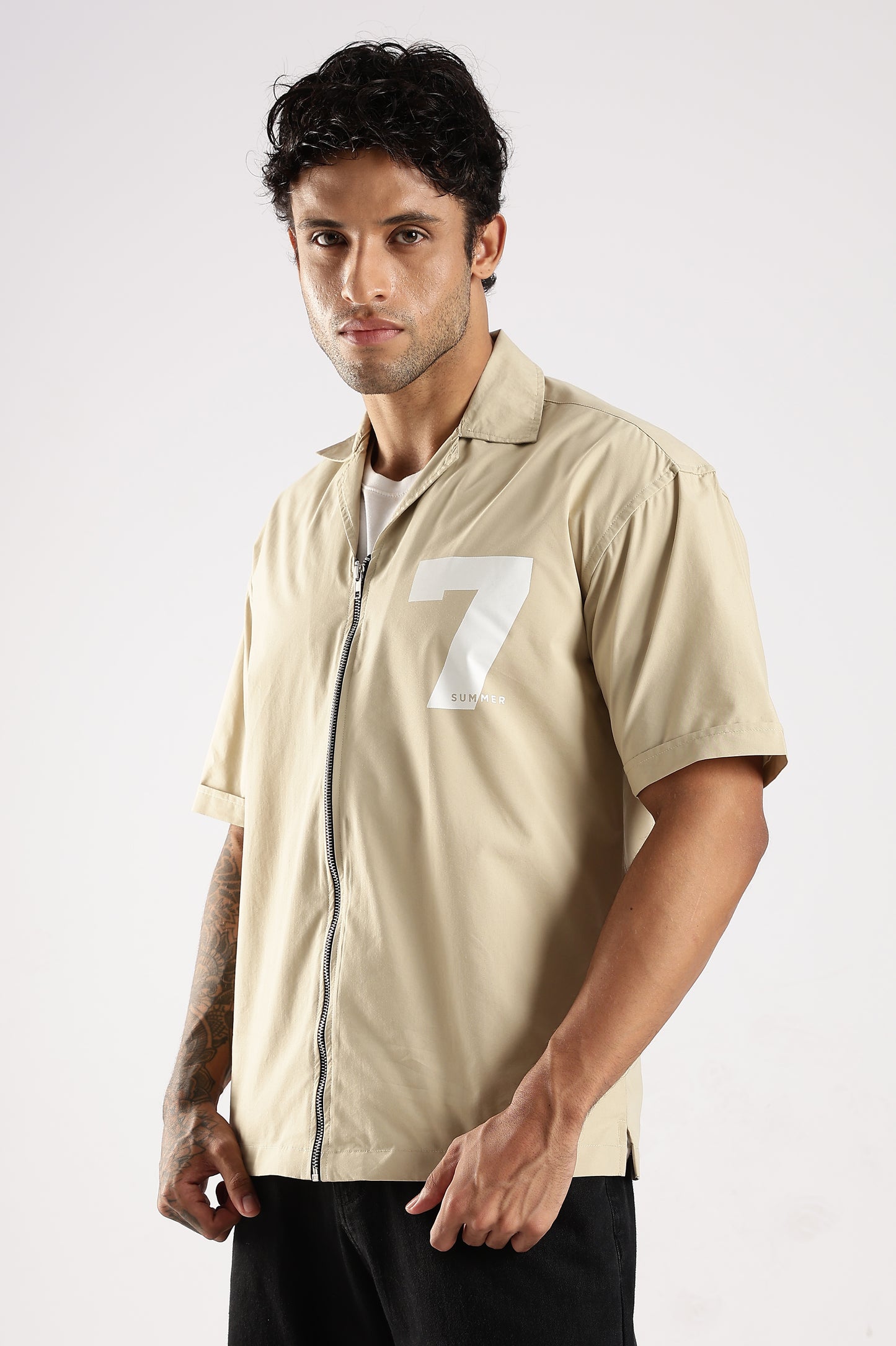 Poly Cotton Slim Fit Zip-Up Shirt Cream