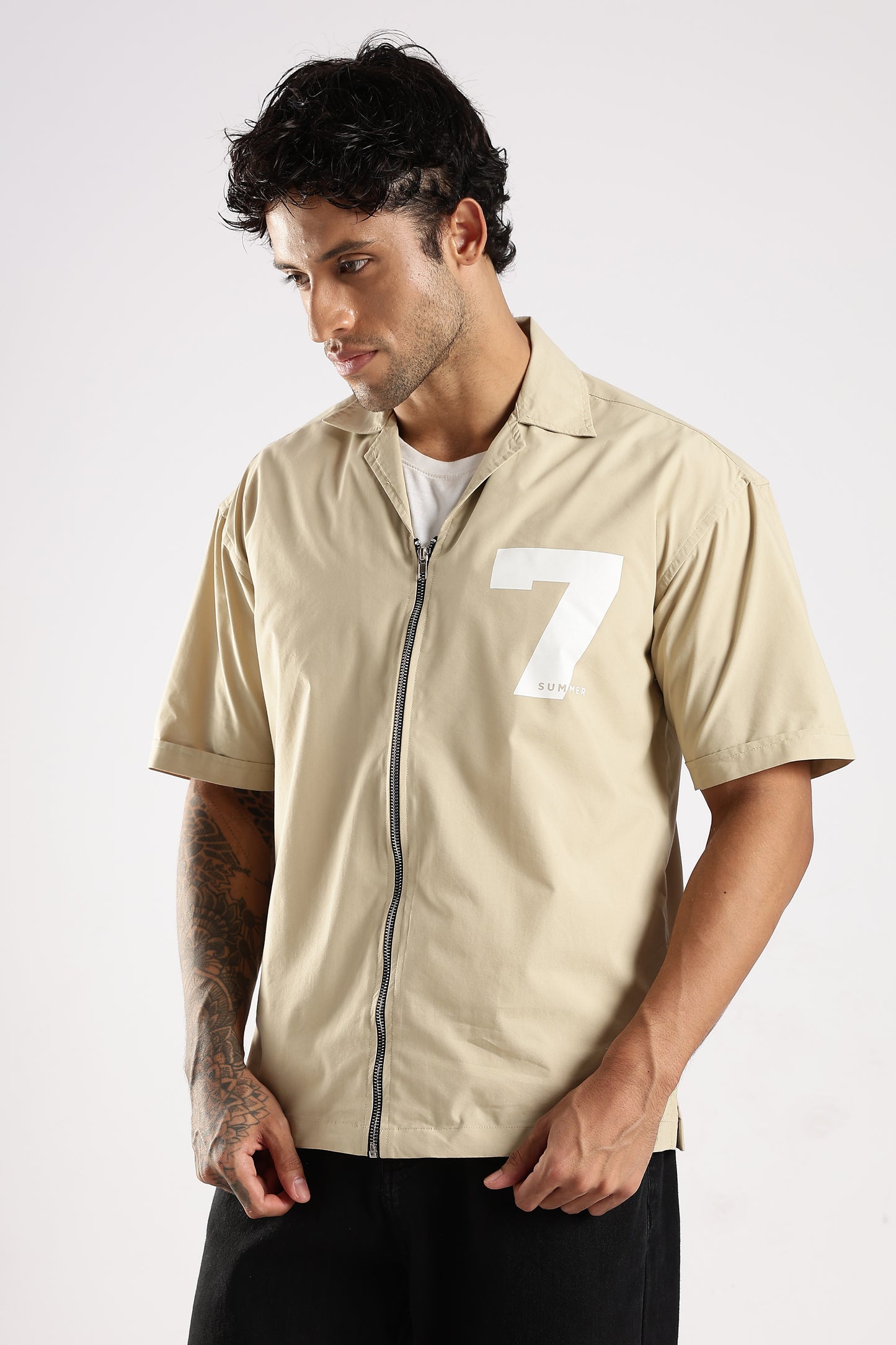 Poly Cotton Slim Fit Zip-Up Shirt Cream