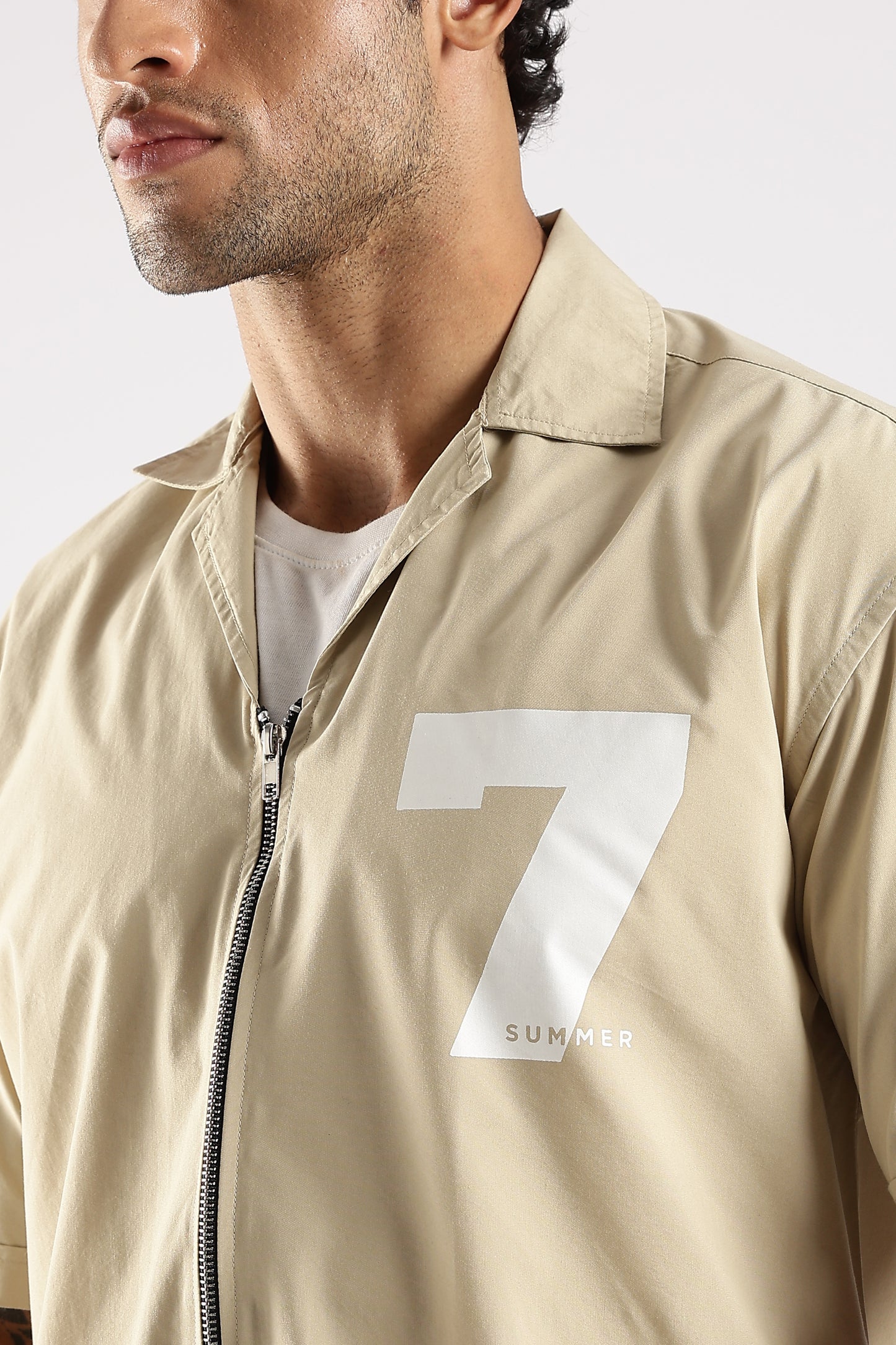 Poly Cotton Slim Fit Zip-Up Shirt Cream