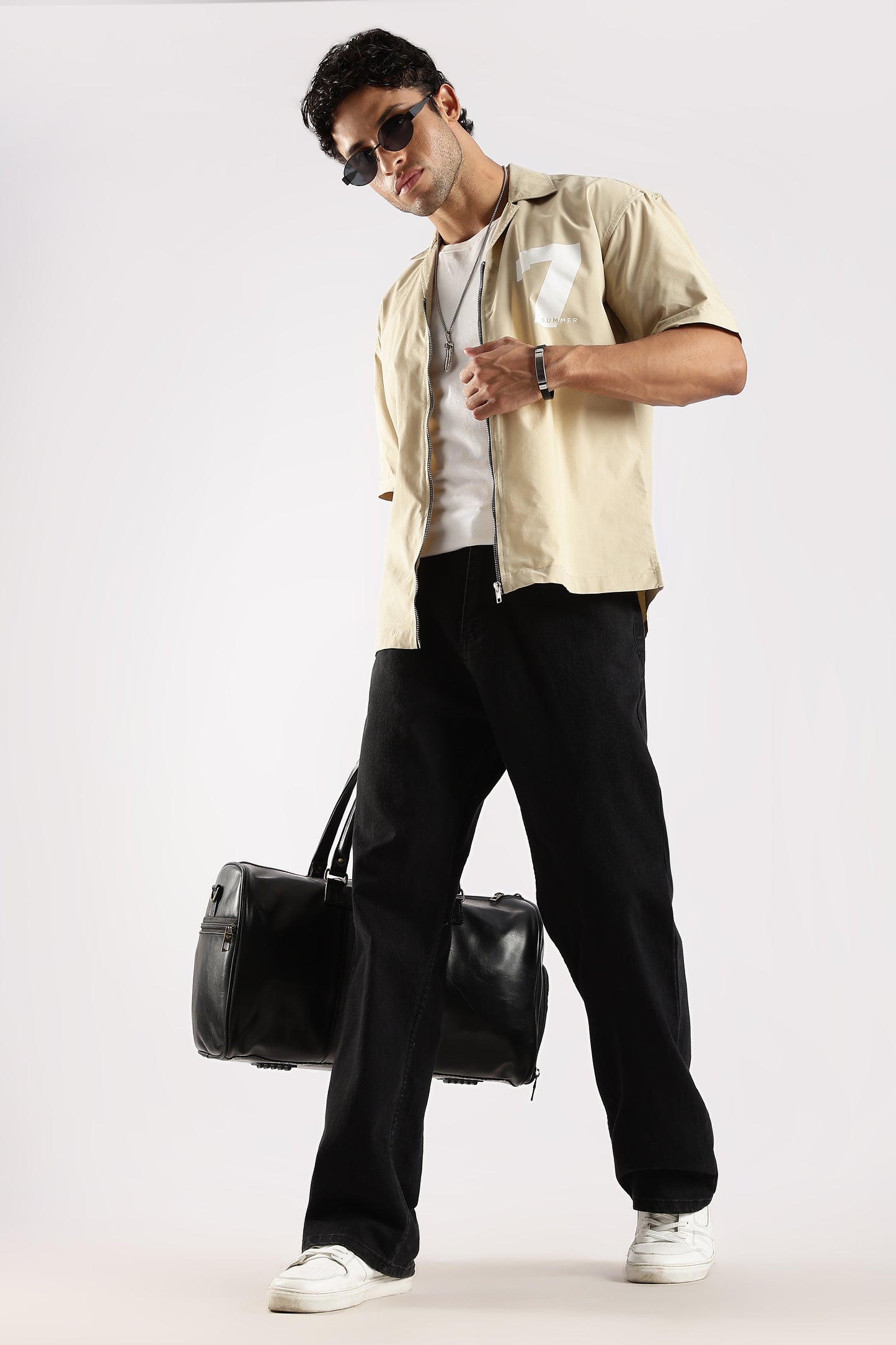 Poly Cotton Slim Fit Zip-Up Shirt Cream