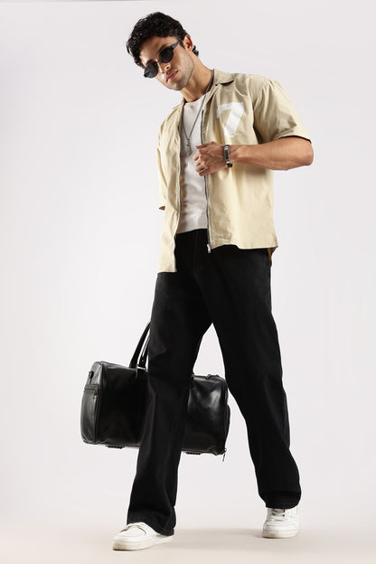 Cotton Slim Fit Zip-Up Shirt Cream