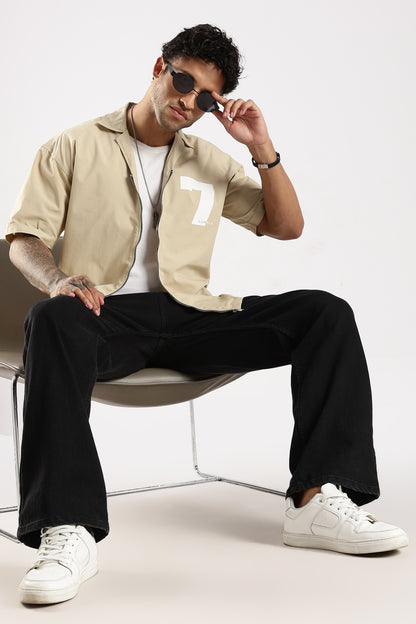 Cotton Slim Fit Zip-Up Shirt Cream