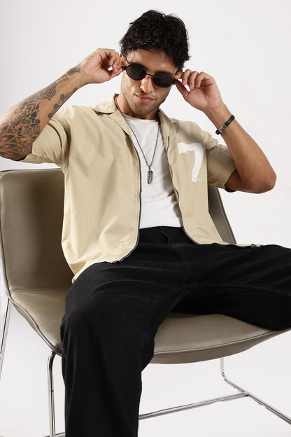 Cotton Slim Fit Zip-Up Shirt Cream