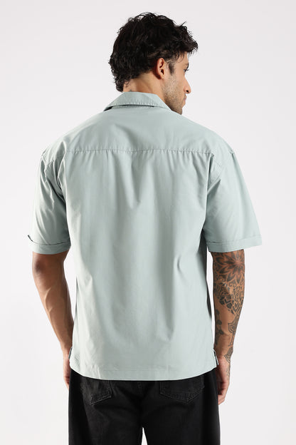 Cotton Slim Fit Zip-Up Shirt Lt Green