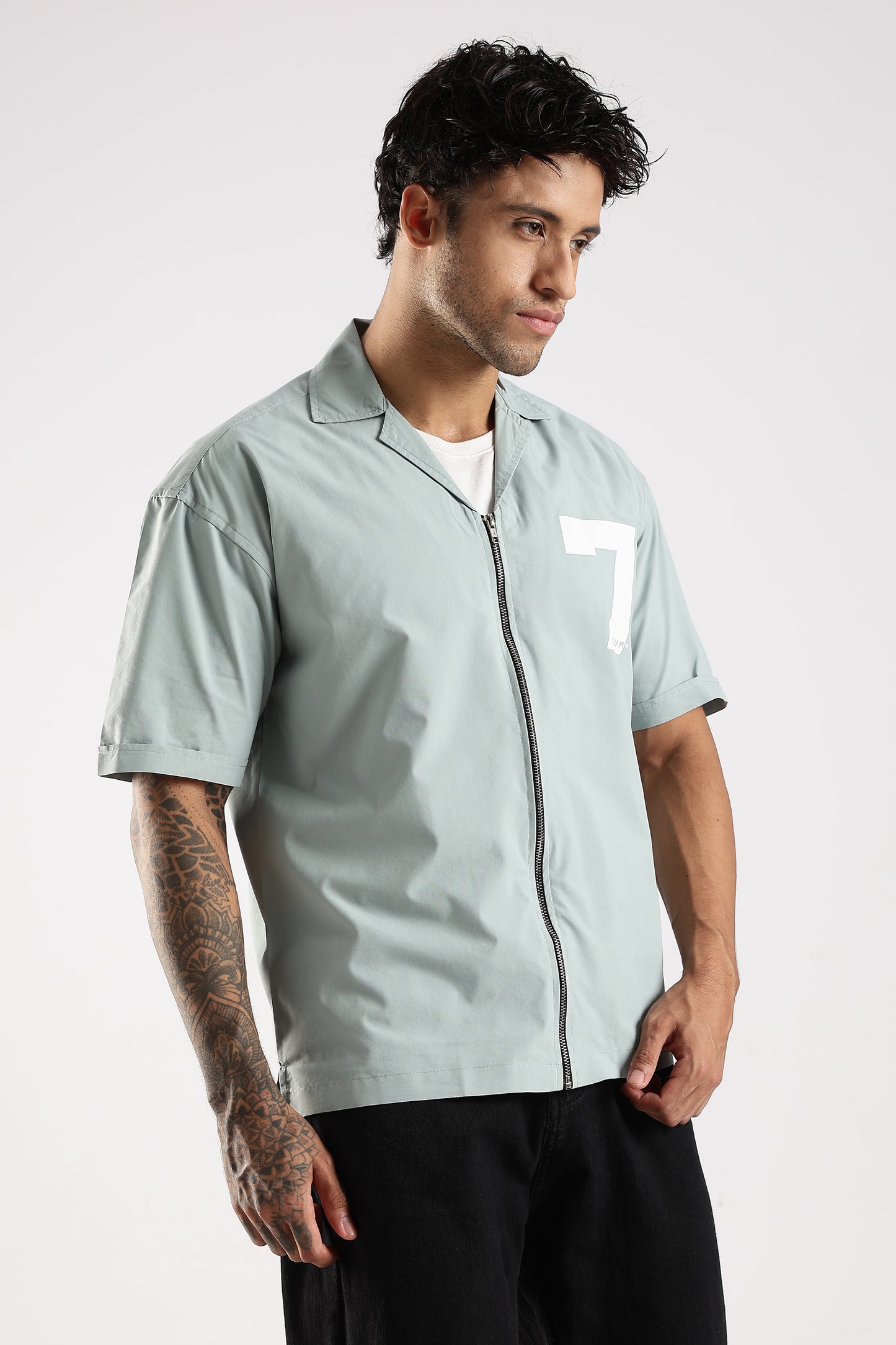 Poly Cotton Slim Fit Zip-Up Shirt Lt Green