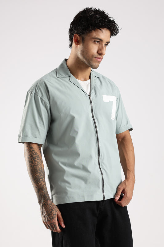 Cotton Slim Fit Zip-Up Shirt Lt Green