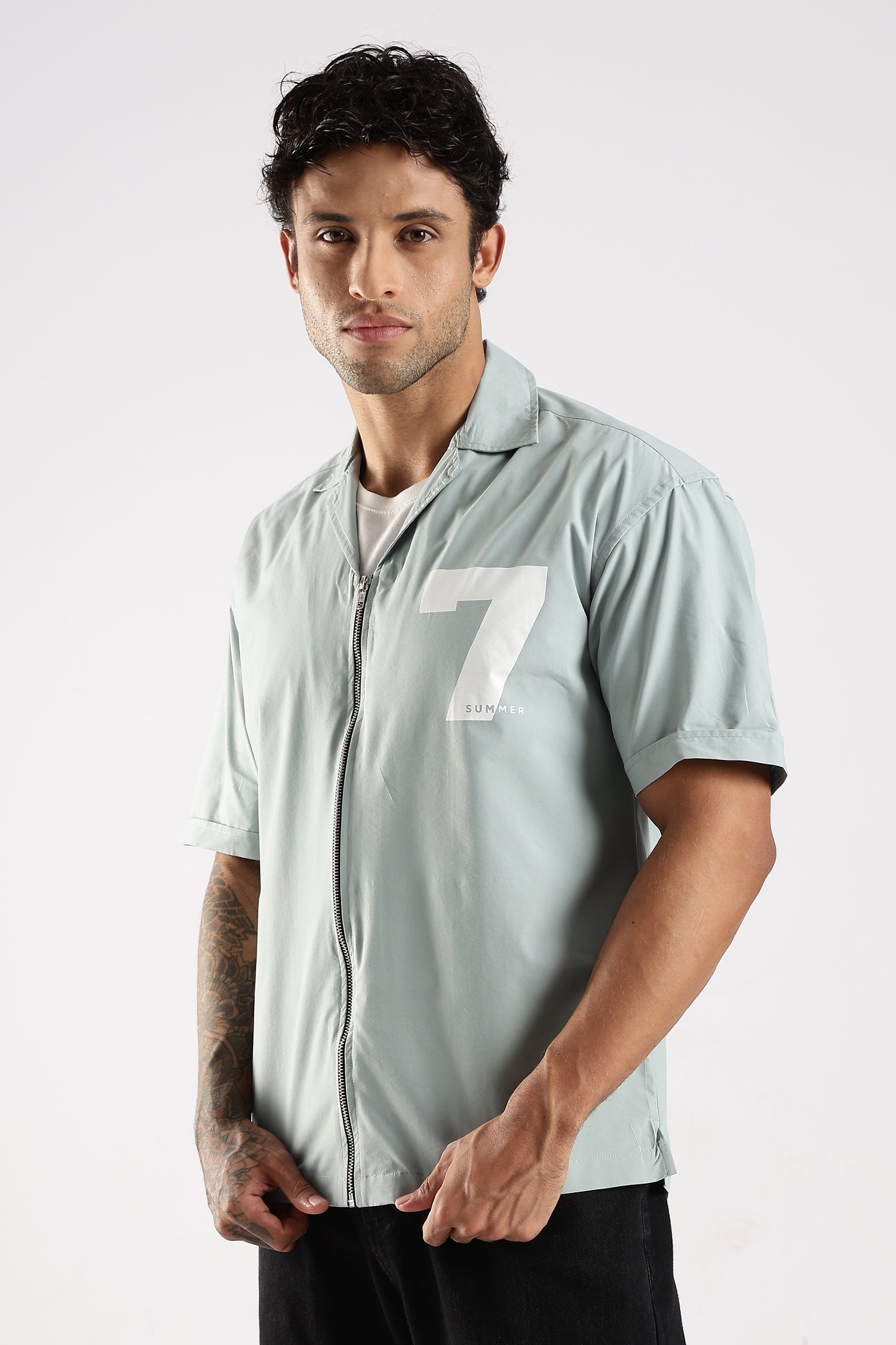 Poly Cotton Slim Fit Zip-Up Shirt Lt Green