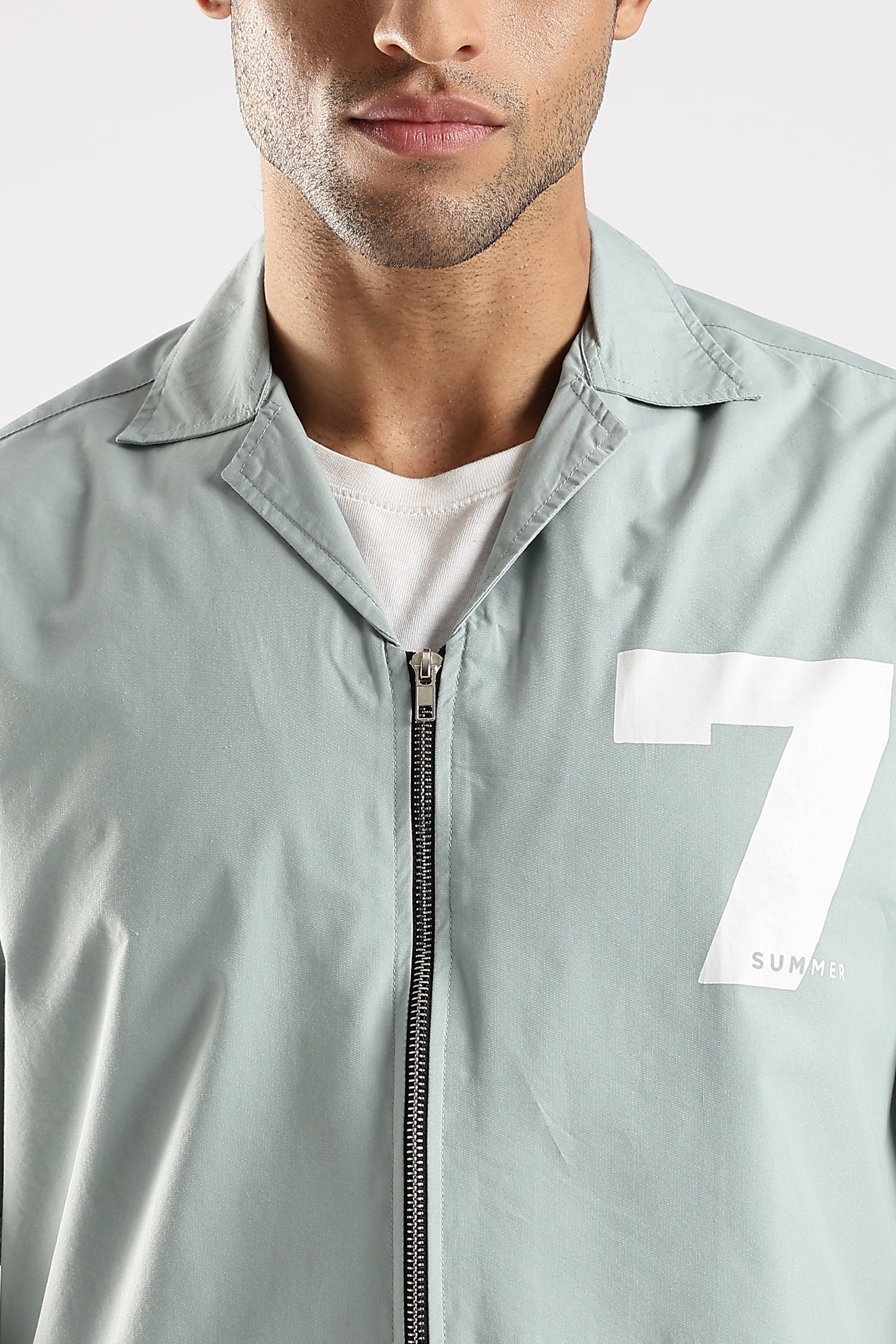 Poly Cotton Slim Fit Zip-Up Shirt Lt Green