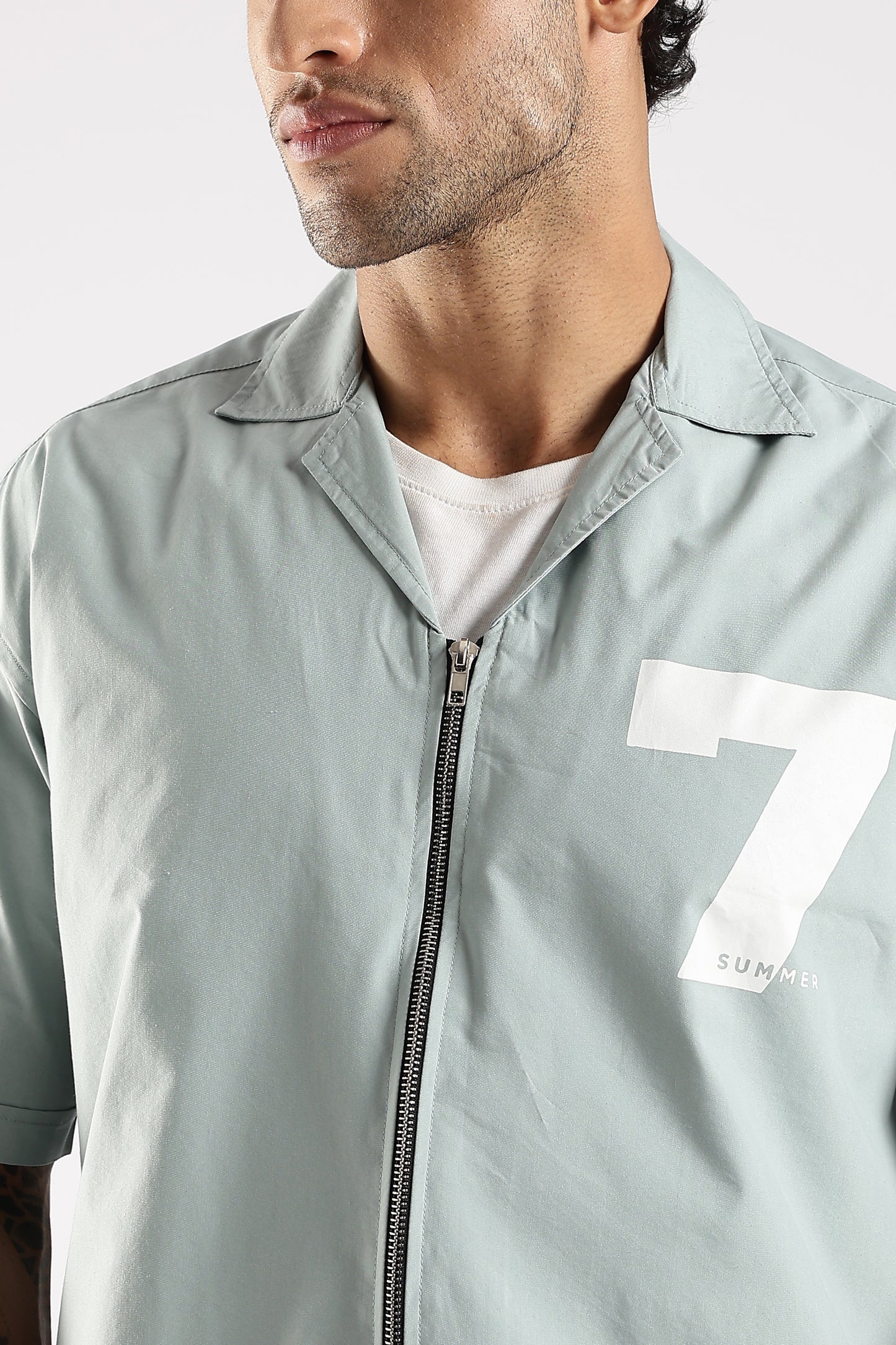 Poly Cotton Slim Fit Zip-Up Shirt Lt Green