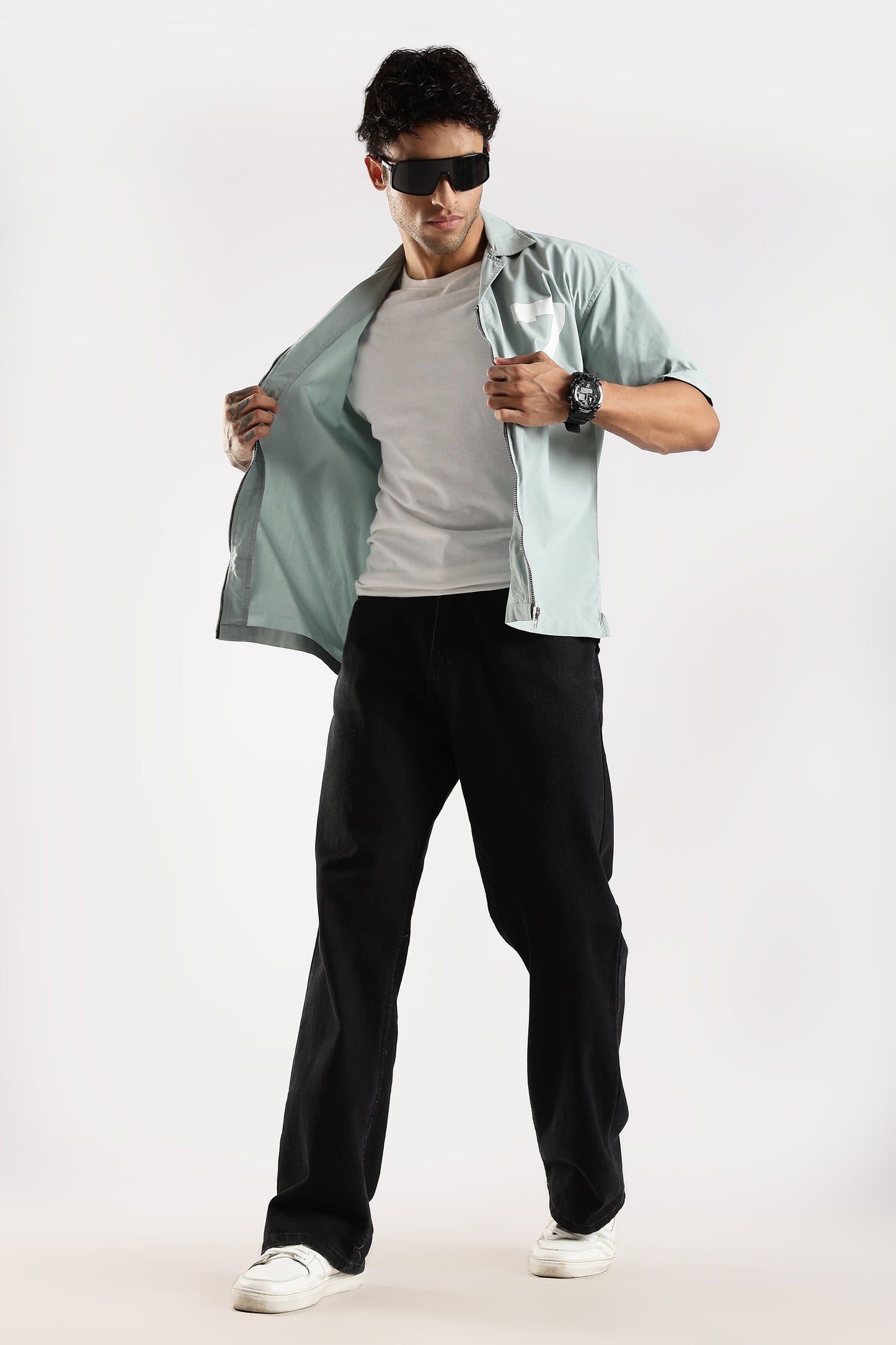 Poly Cotton Slim Fit Zip-Up Shirt Lt Green
