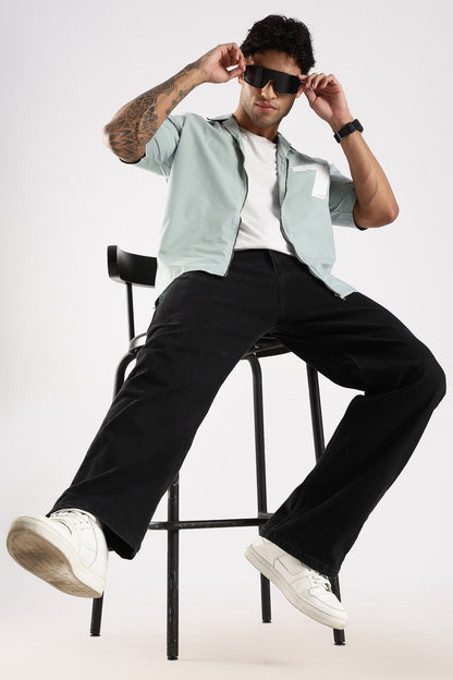 Cotton Slim Fit Zip-Up Shirt Lt Green