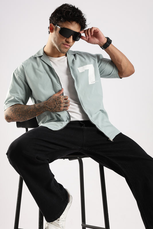 Cotton Slim Fit Zip-Up Shirt Lt Green
