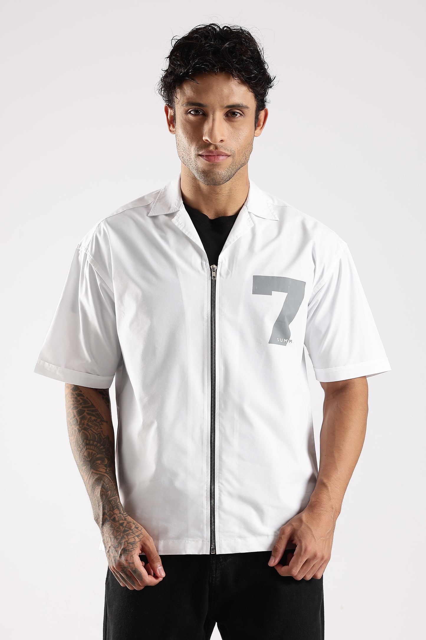 Poly Cotton Slim Fit Zip-Up Shirt White