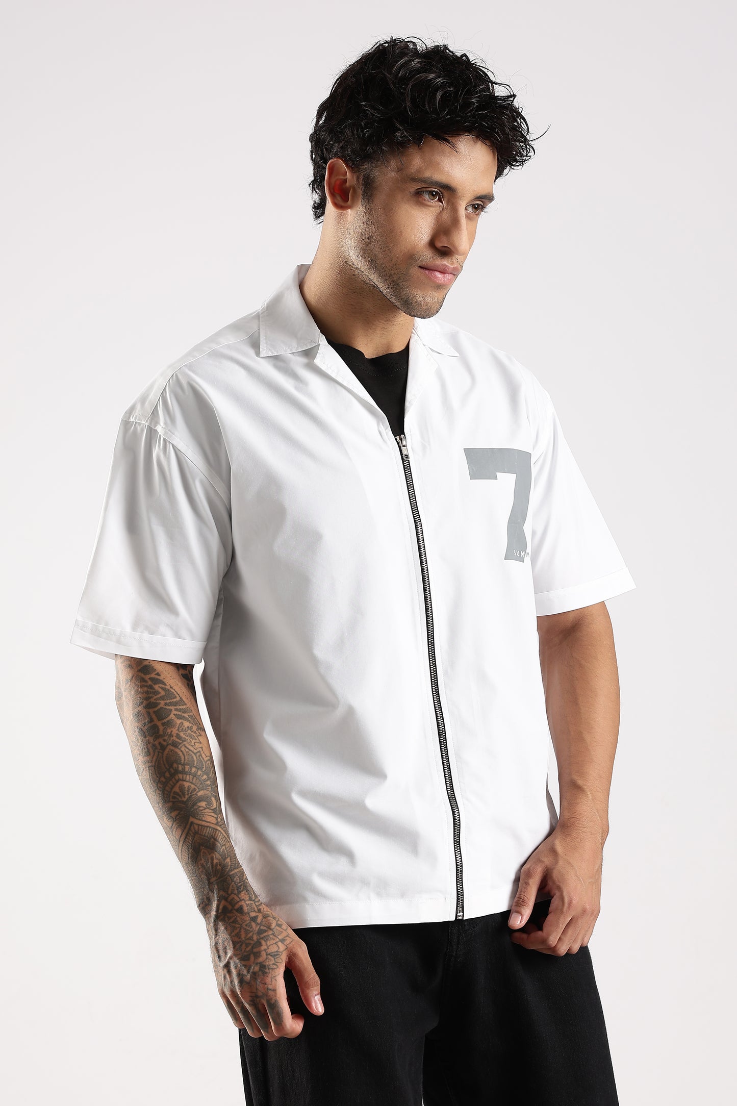 Poly Cotton Slim Fit Zip-Up Shirt White
