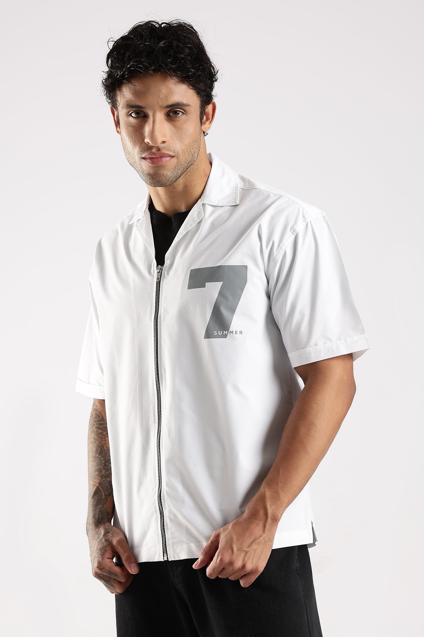 Poly Cotton Slim Fit Zip-Up Shirt White