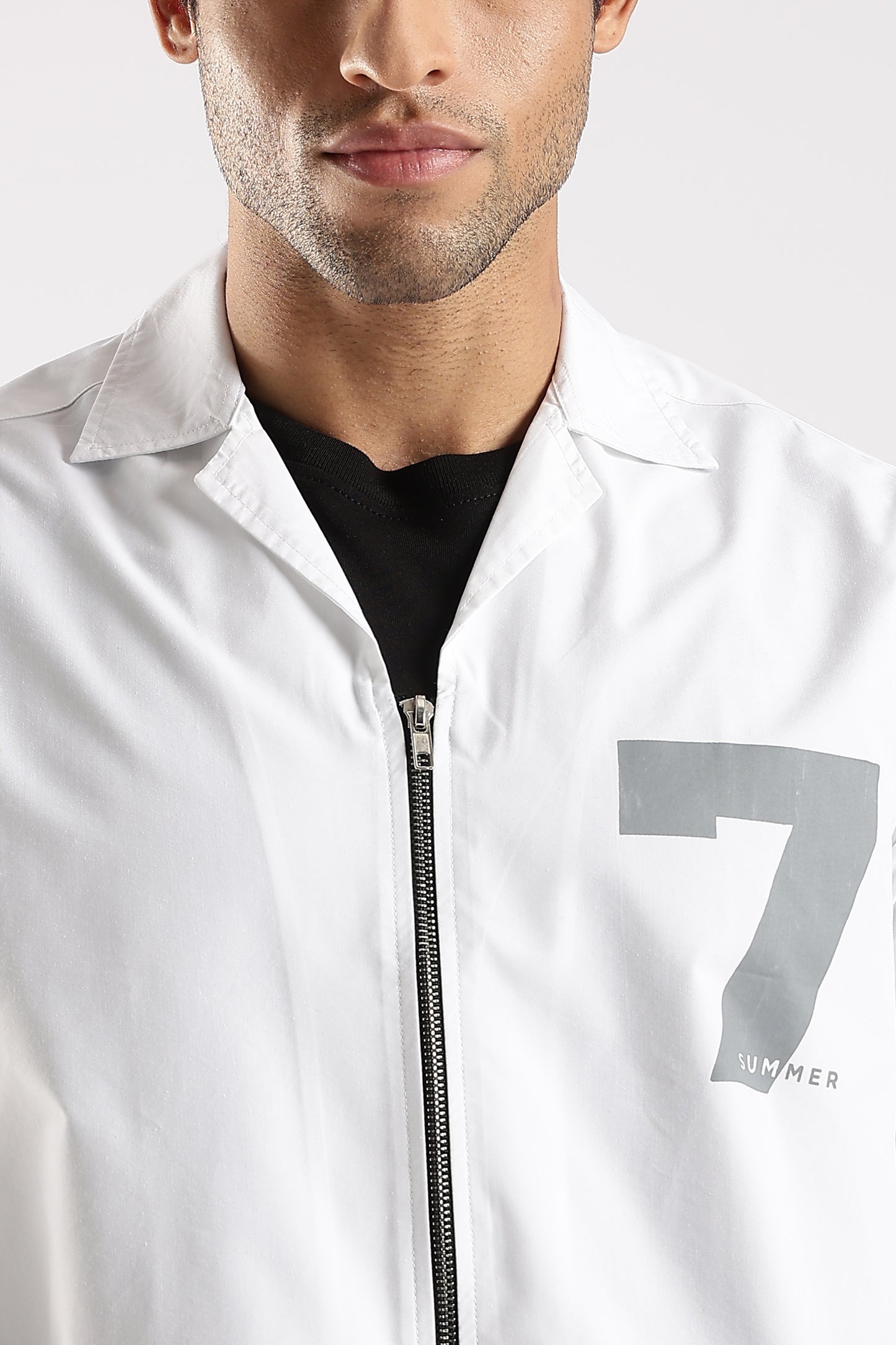 Poly Cotton Slim Fit Zip-Up Shirt White