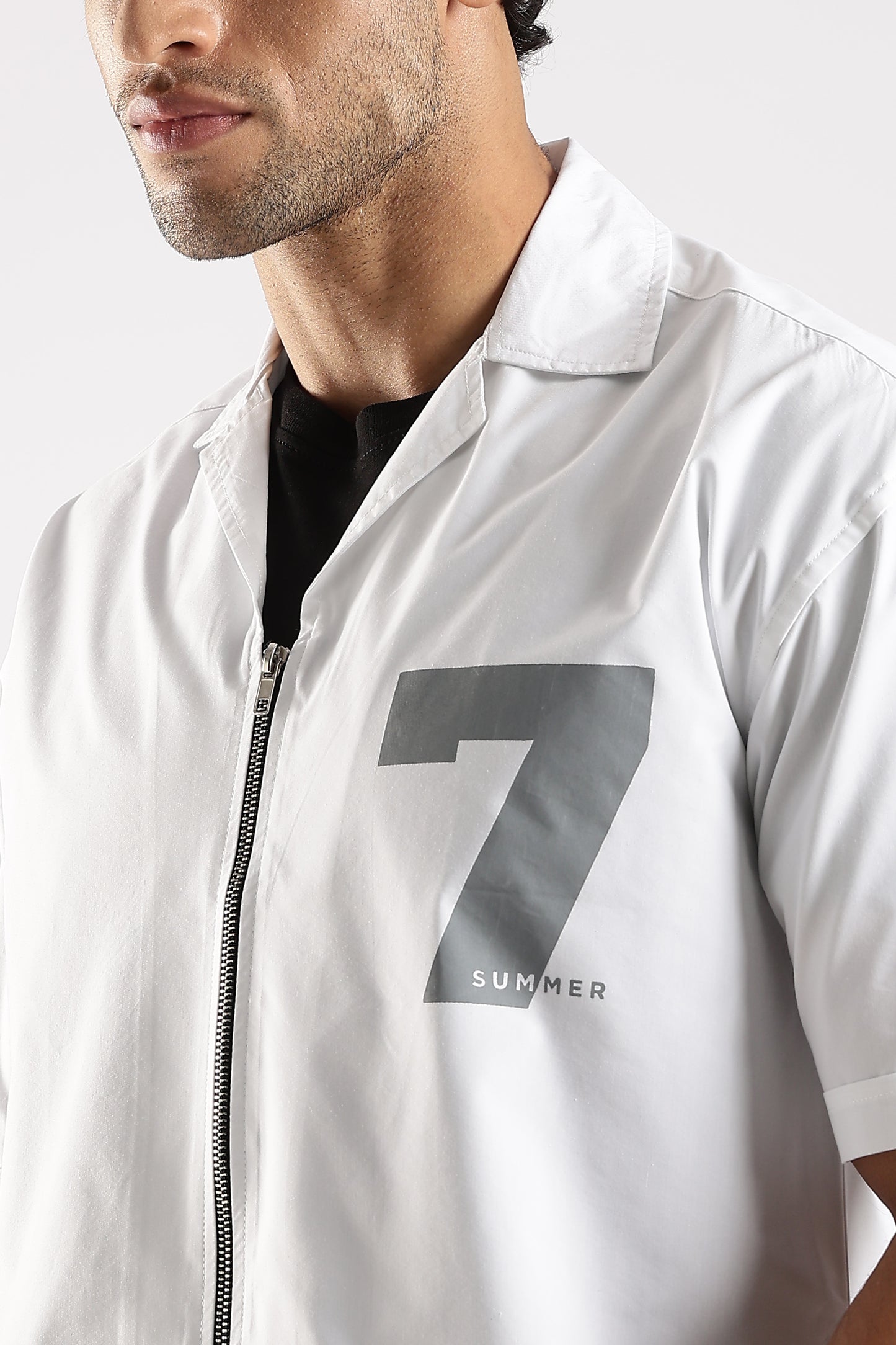 Poly Cotton Slim Fit Zip-Up Shirt White