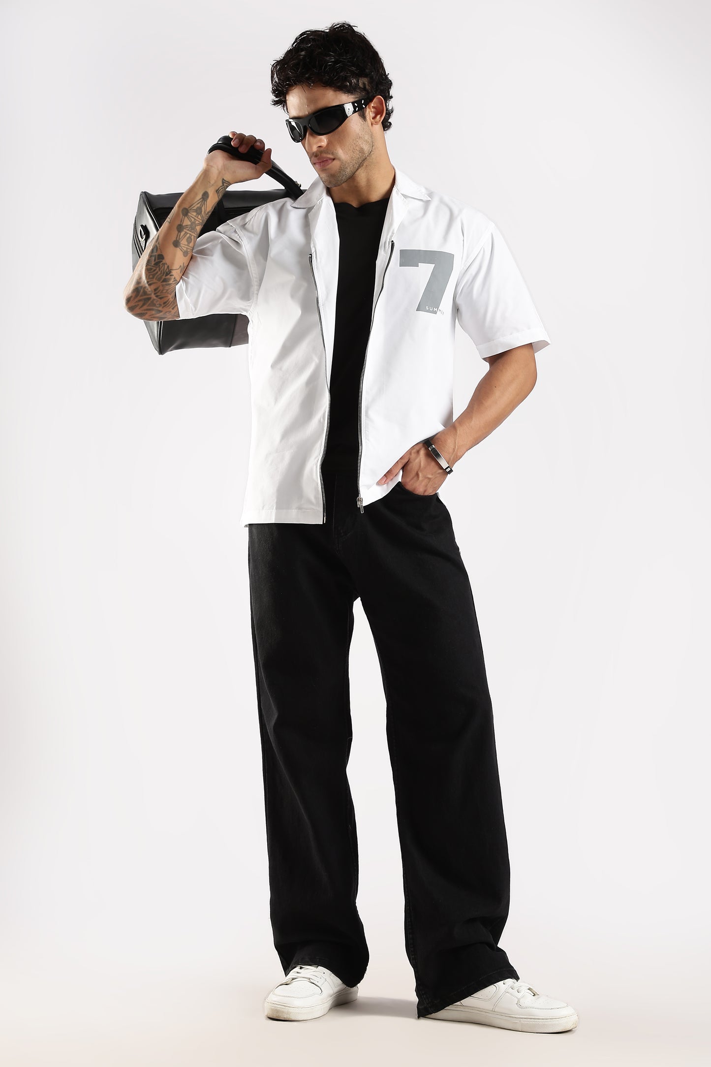 Poly Cotton Slim Fit Zip-Up Shirt White