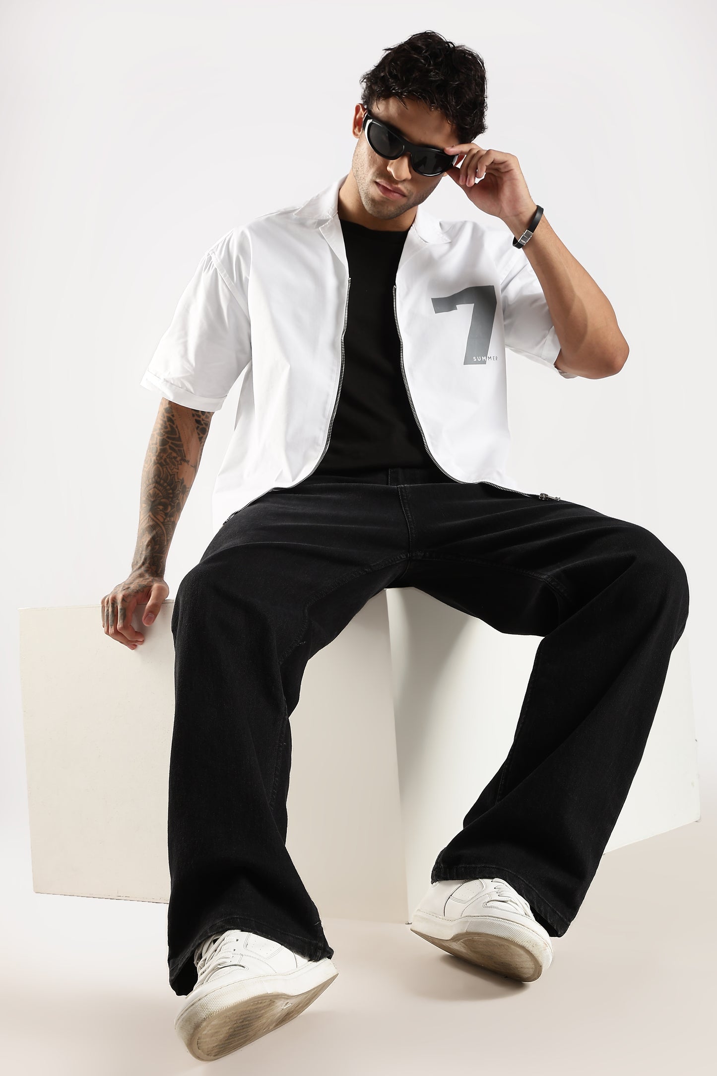 Poly Cotton Slim Fit Zip-Up Shirt White