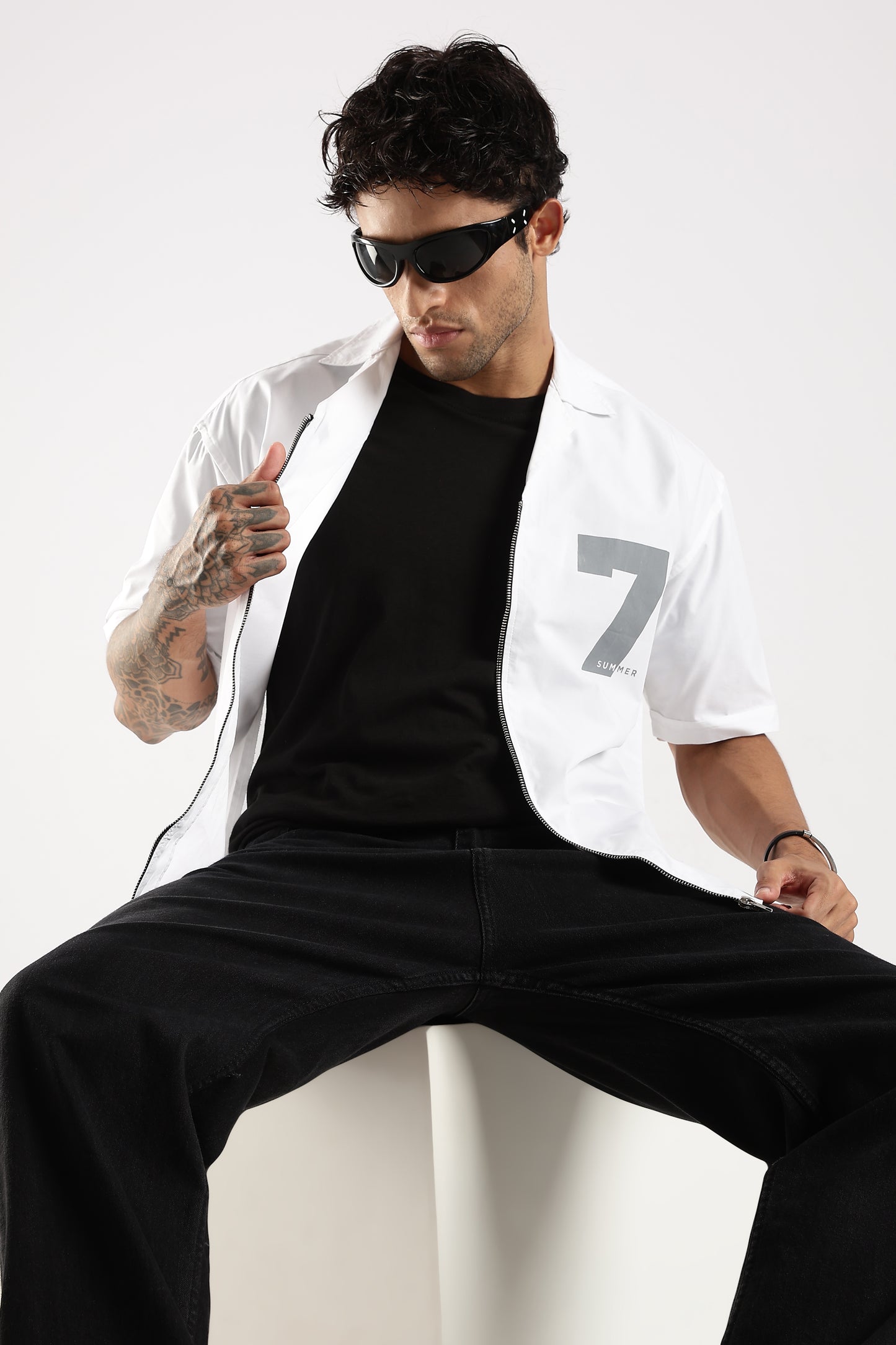 Poly Cotton Slim Fit Zip-Up Shirt White