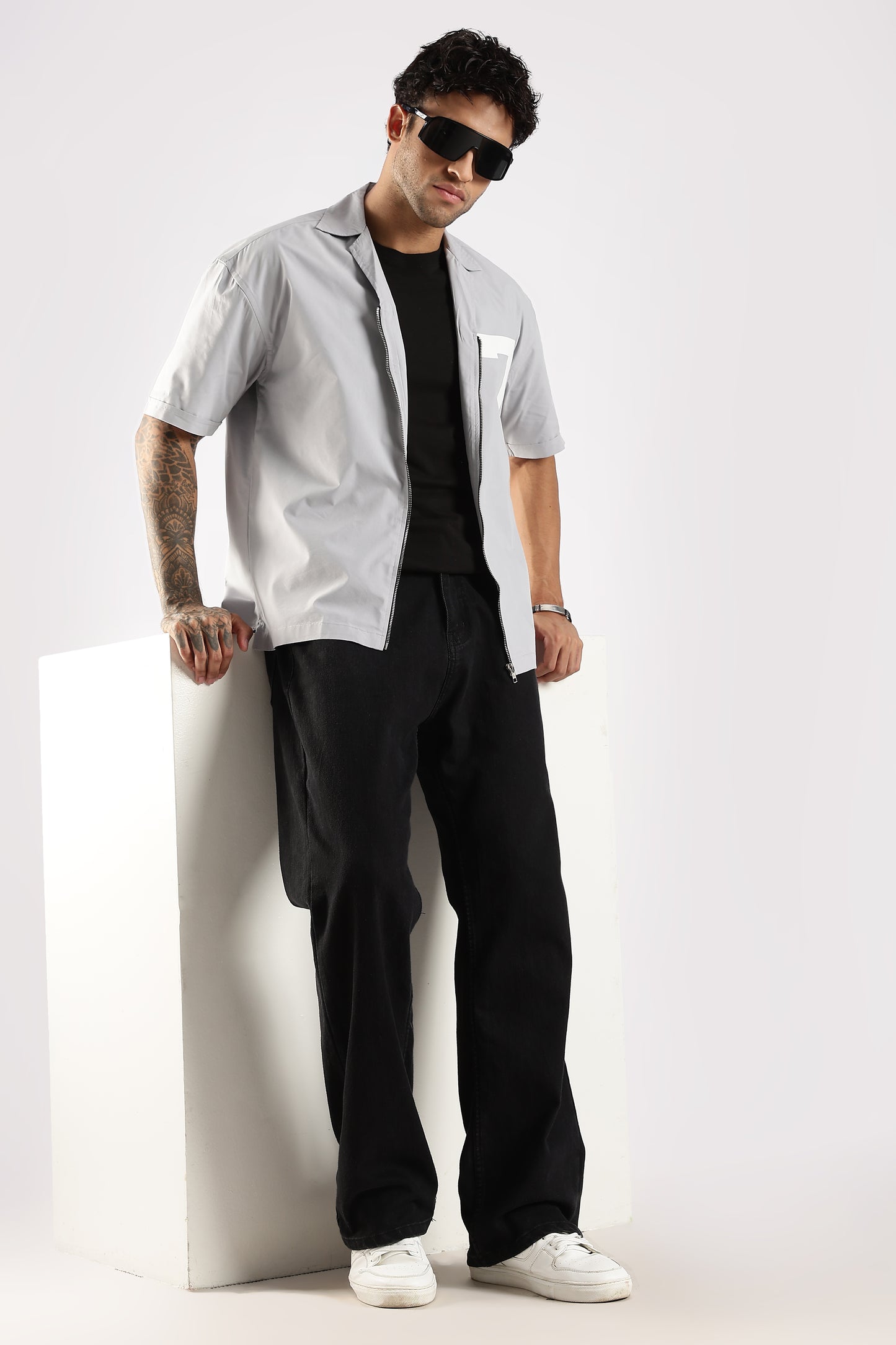 Poly Cotton Slim Fit Zip-Up Shirt Grey