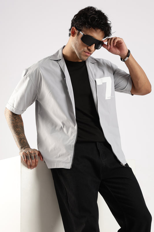 Poly Cotton Slim Fit Zip-Up Shirt Grey
