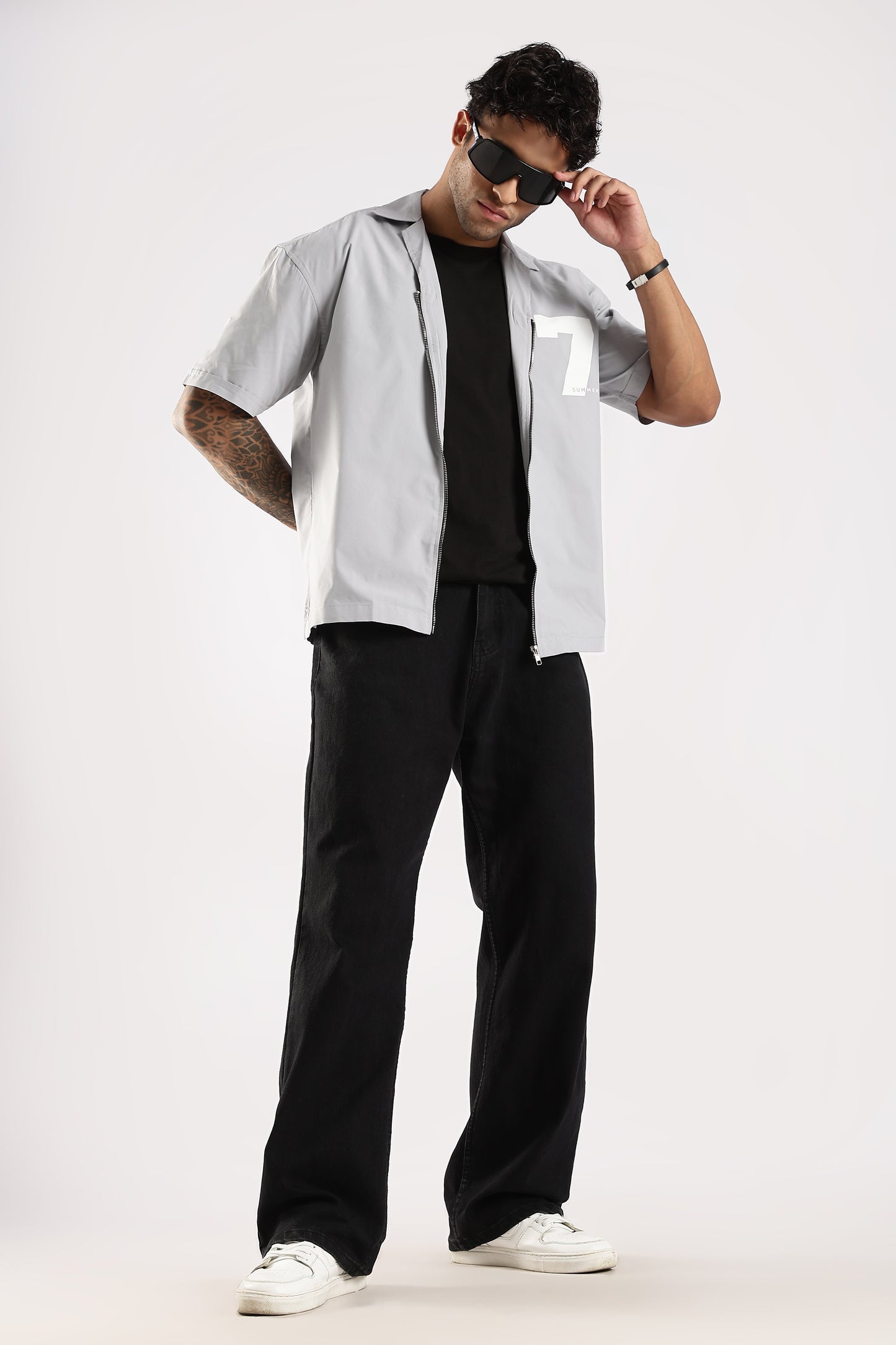Poly Cotton Slim Fit Zip-Up Shirt Grey