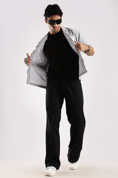 Cotton Slim Fit Zip-Up Shirt Grey