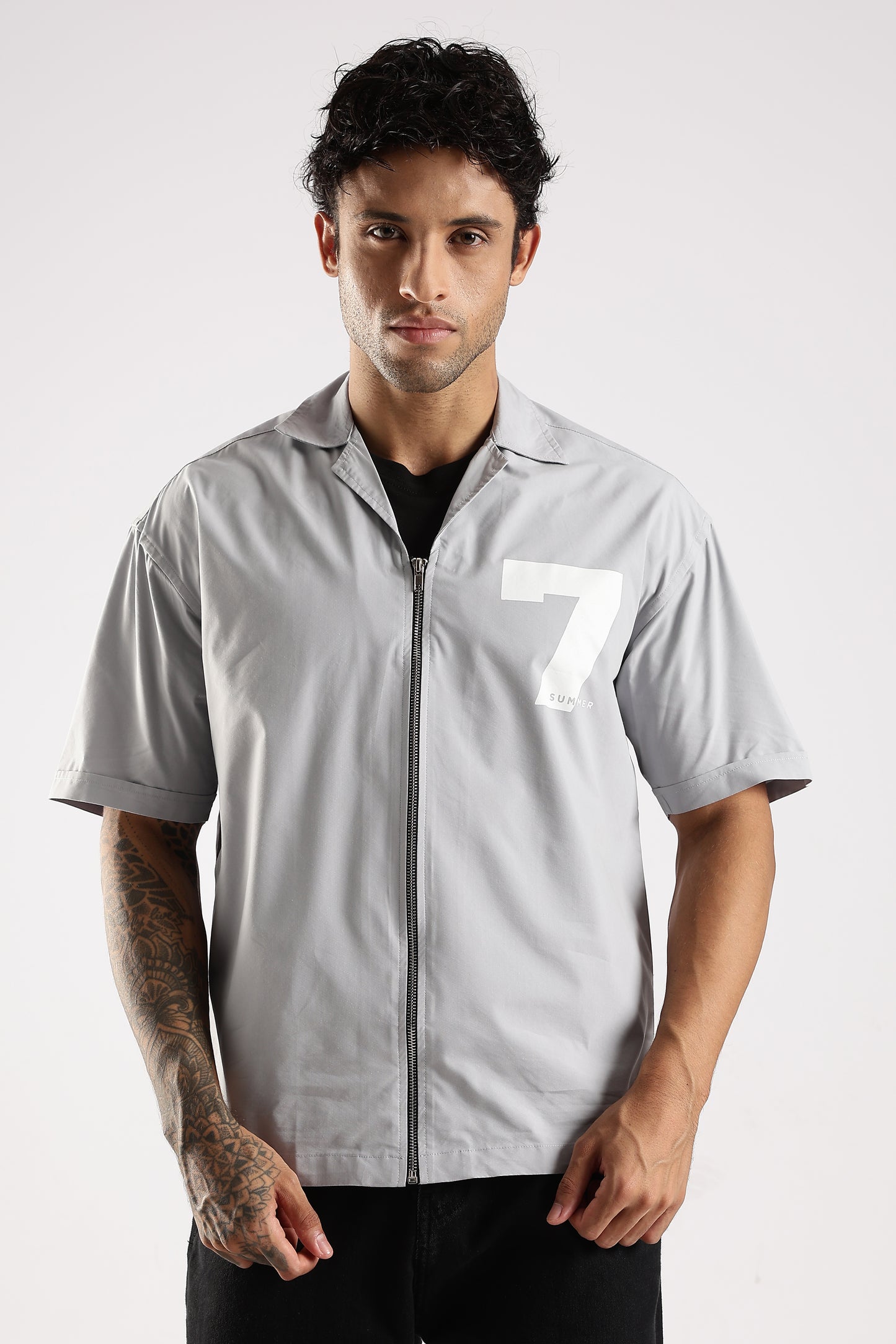 Poly Cotton Slim Fit Zip-Up Shirt Grey