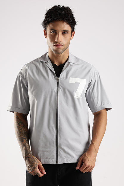 Cotton Slim Fit Zip-Up Shirt Grey