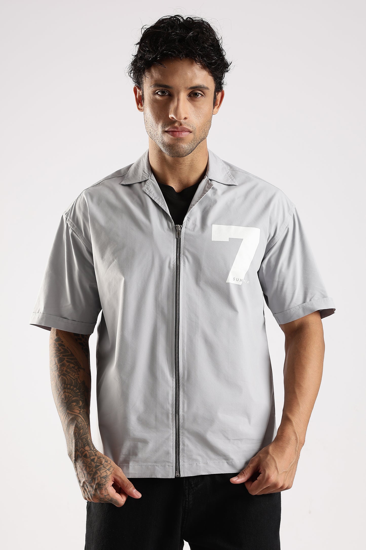 Poly Cotton Slim Fit Zip-Up Shirt Grey