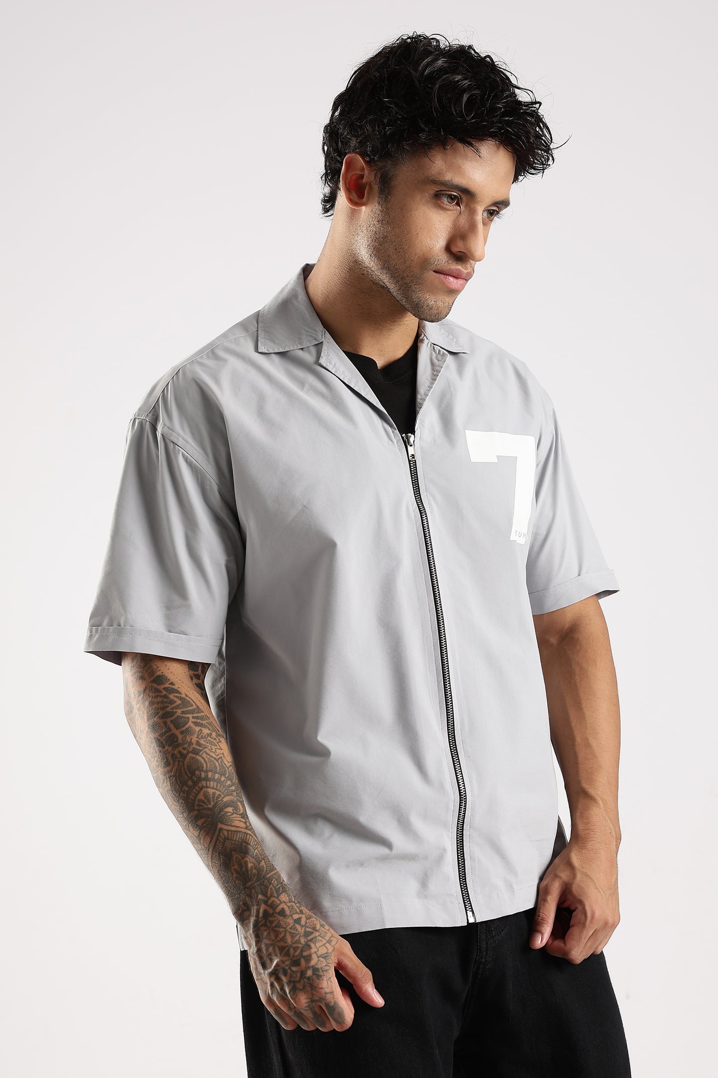 Poly Cotton Slim Fit Zip-Up Shirt Grey