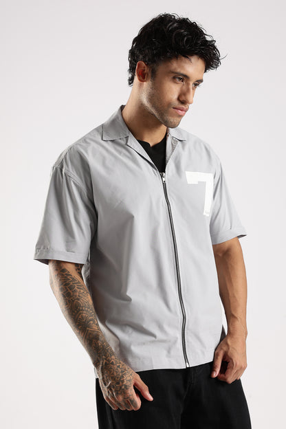 Cotton Slim Fit Zip-Up Shirt Grey