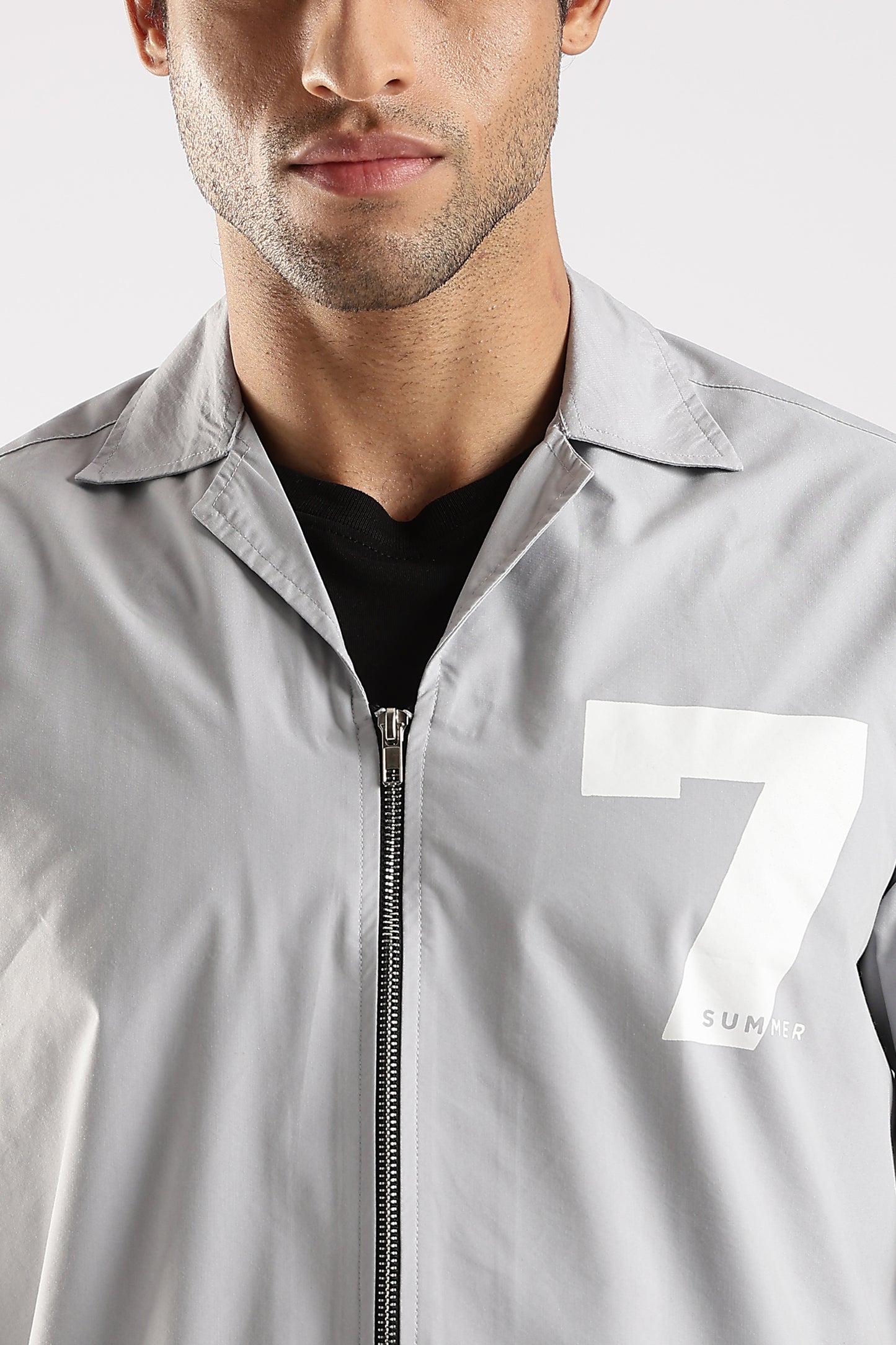 Poly Cotton Slim Fit Zip-Up Shirt Grey