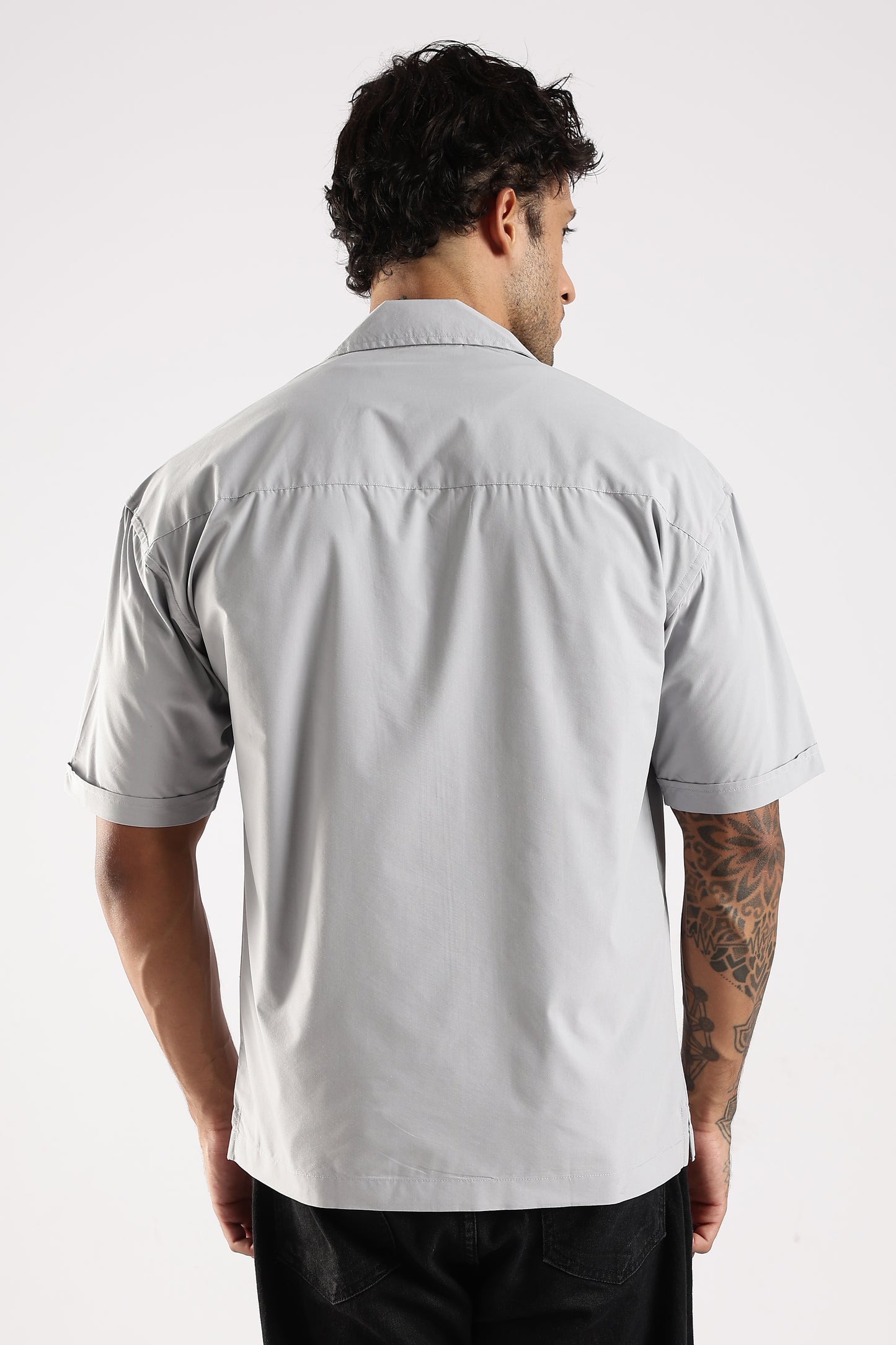 Poly Cotton Slim Fit Zip-Up Shirt Grey