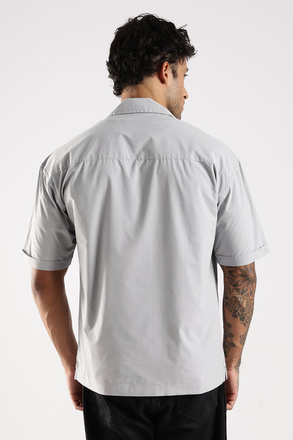 Cotton Slim Fit Zip-Up Shirt Grey