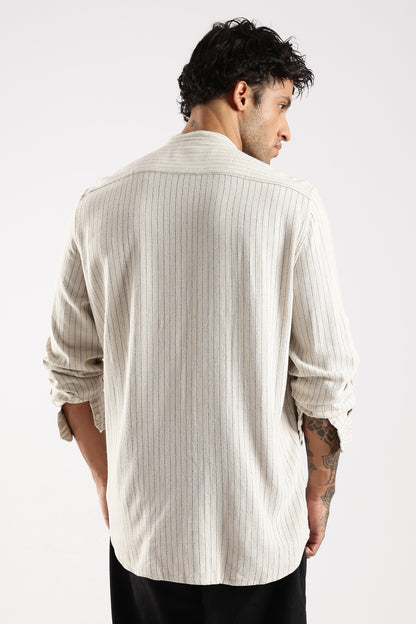 Linen Blend Slim Fit Striped Shirt Cream