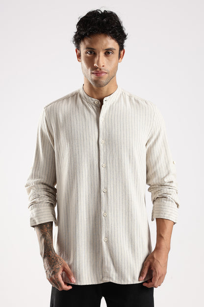 Linen Blend Slim Fit Striped Shirt Cream