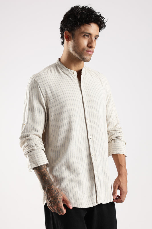Linen Blend Slim Fit Striped Shirt Cream