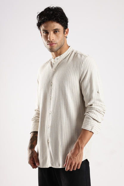 Linen Blend Slim Fit Striped Shirt Cream