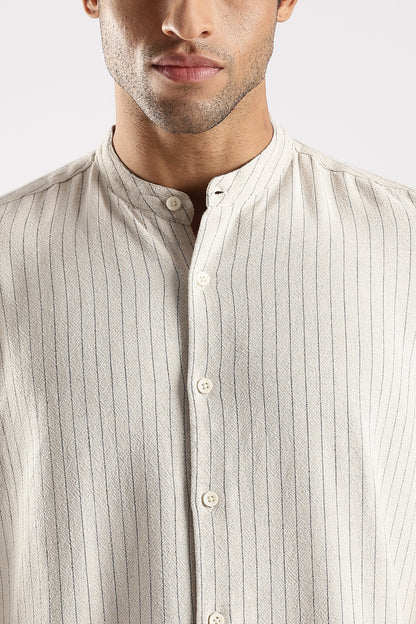 Linen Blend Slim Fit Striped Shirt Cream