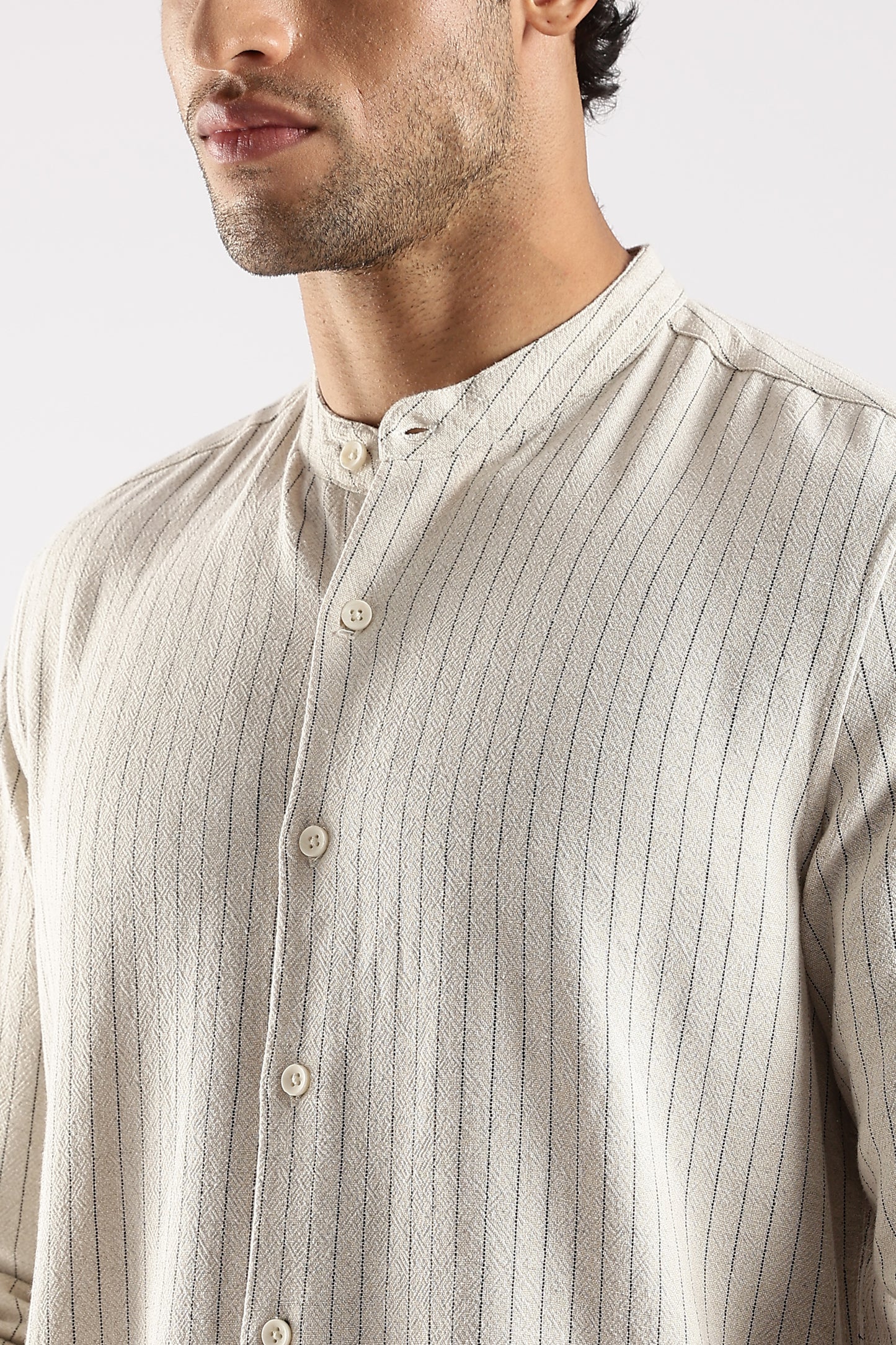 Linen Blend Slim Fit Striped Shirt Cream