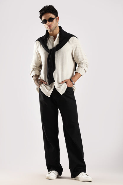 Linen Blend Slim Fit Striped Shirt Cream