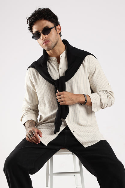Linen Blend Slim Fit Striped Shirt Cream