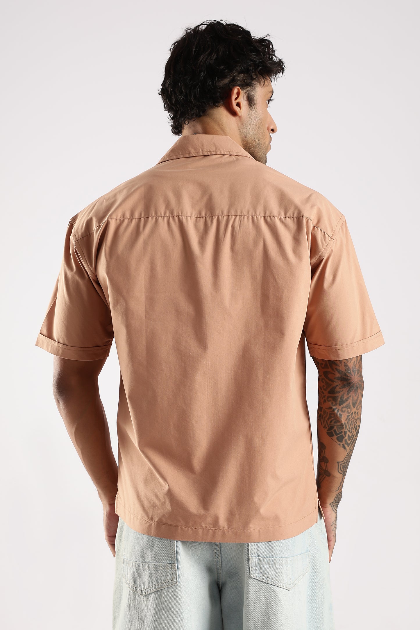 Poly Cotton Slim Fit Zip-Up Shirt Peach