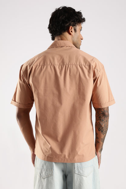 Cotton Slim Fit Zip-Up Shirt Peach