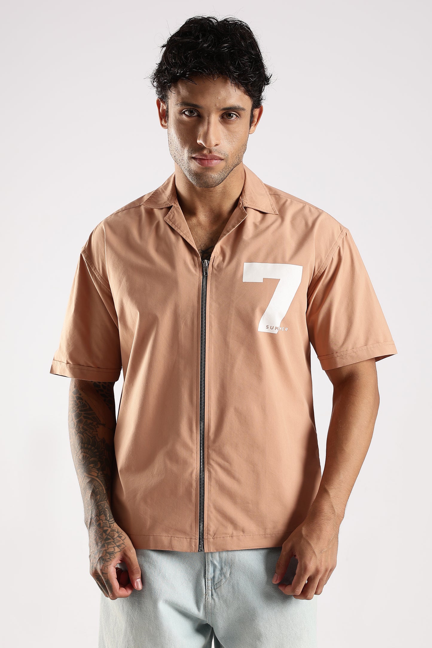 Poly Cotton Slim Fit Zip-Up Shirt Peach