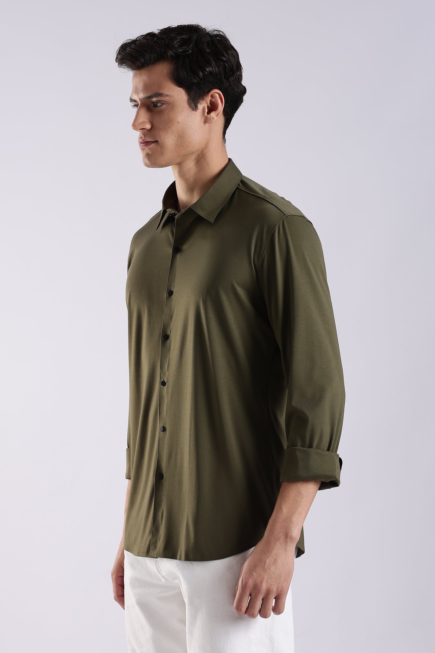 Knitted Tencel Stichless Finish Shirt Olive
